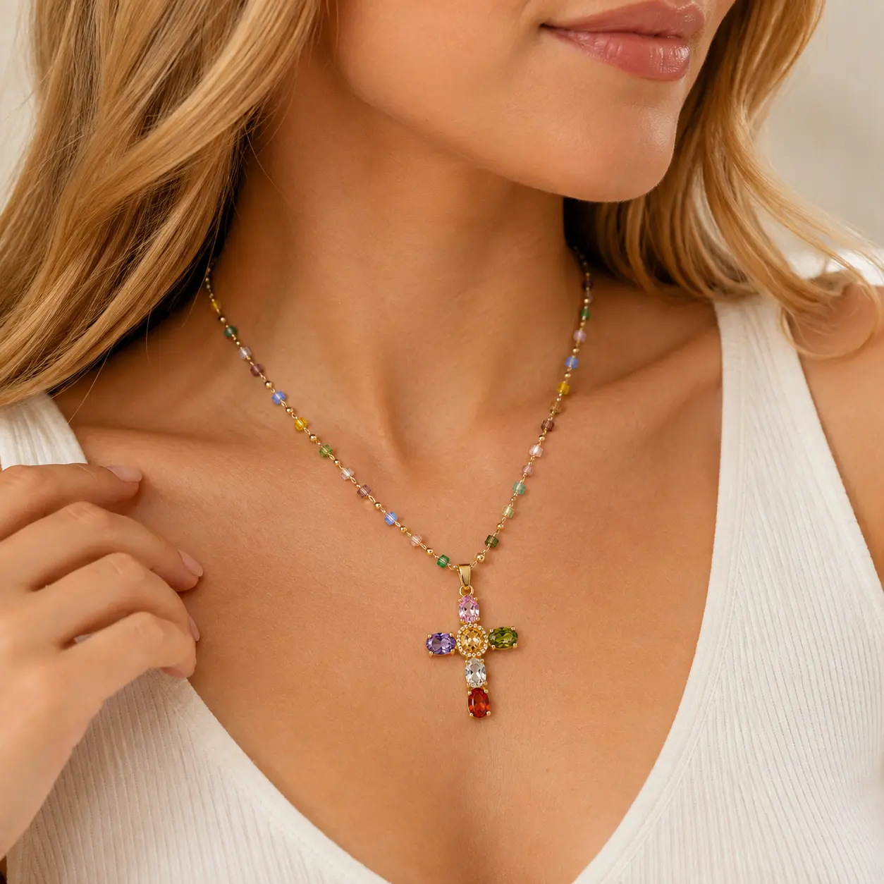 Cross Necklace for Women, Colorful Crystal Cross Pendant Necklace, Multicolor Beaded Gold Tone Christian Jewelry Gift