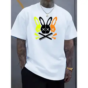 Unique Rabbit Skull Pattern Men's Casual T-Shirt, Round Neck, Short Sleeve, Stretch Fabric, Slim Fit, Pure Cotton Top, Suitable for Outdoor Wear, Large Size