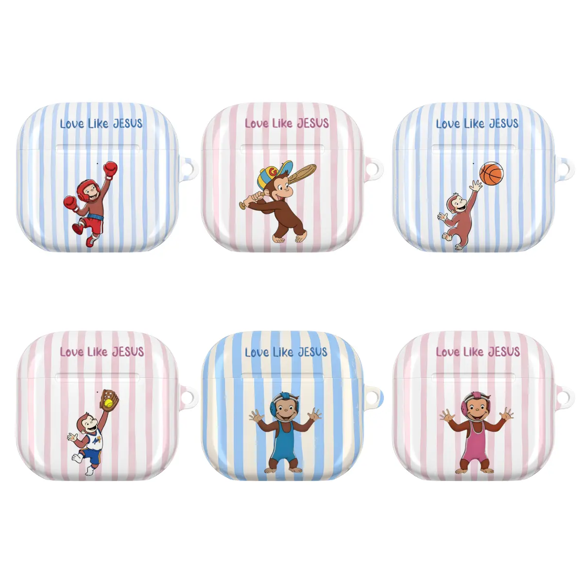 Love Like Jesus Curious George Playful Airpods Case, Striped Baseball | Basketball | Softball | Boxing Case for AirPods 1, 2, pro Gen 2, 3, 4, Gift For Her