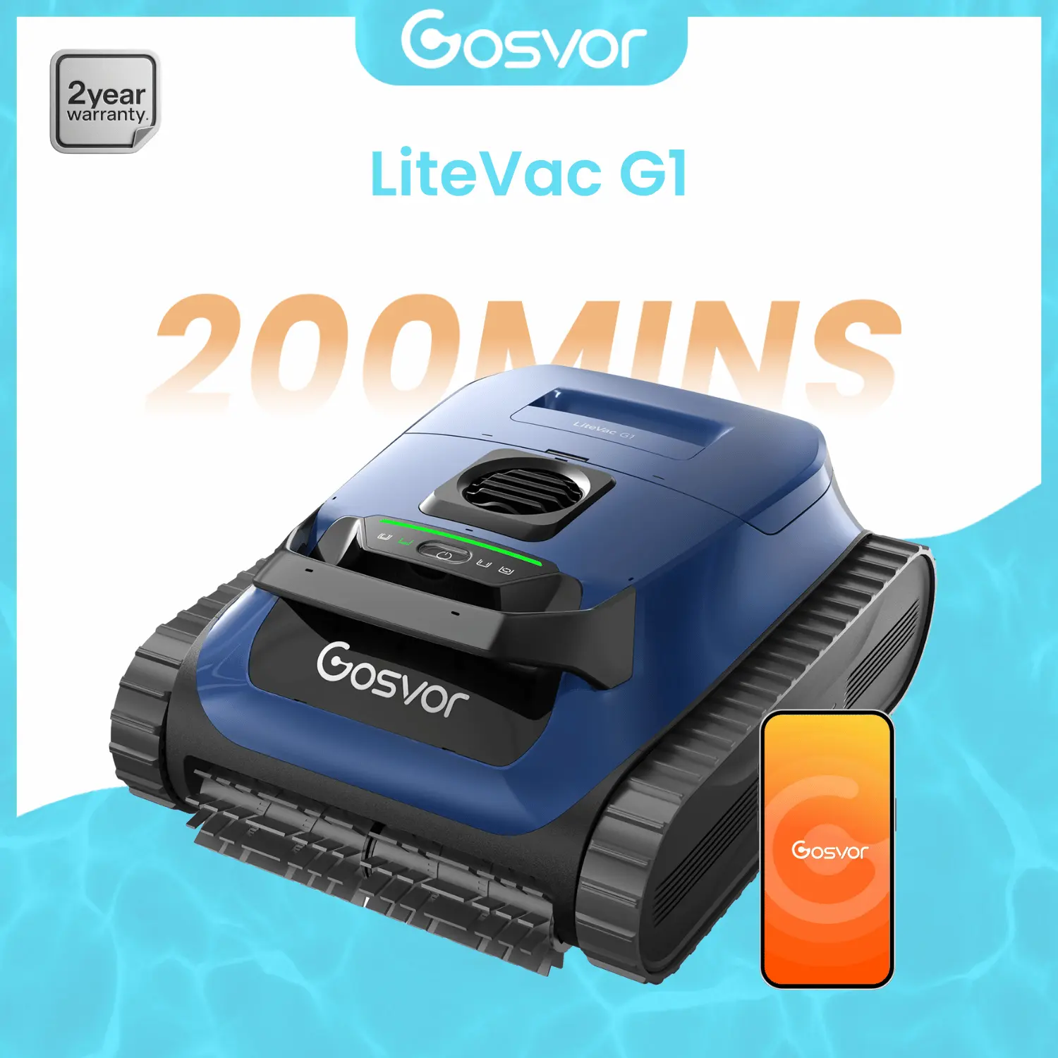 (2026 New) Gosvor Pool Vacuum LiteVac G1, Wall & Waterline & Platform Cleaning, Pool Vacuum, 15.2 lbs Ultra-Lightweight, Up to 200-Min Runtime, Double Filtration, Smart Navigation & App, For Pools up to 2153 sq.ft