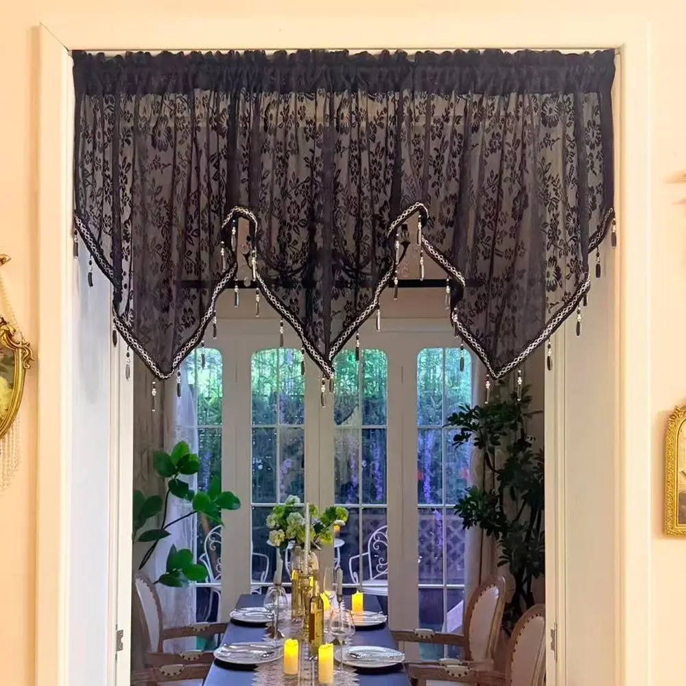 Plant Pattern Lace Curtain Head, Irregular Drop Curtains, Multiple Colors Available, Cafe Bedroom Soft Decor Curtains, Home Decoration Curtain, Tassel Decor Curtain, Lace Valances For Windows