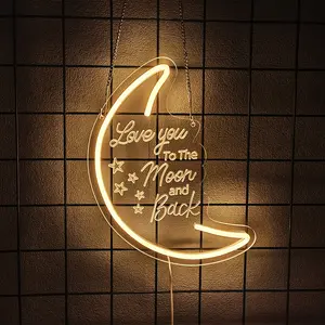 LED Moon Neon Light Sign, Warm White Love You To the Moon And Back Neon Wall 3D Art for Party Girls Kid’s Bedroom Living Room,Home Decor Illuminated Night Light Led Lights Bedroom 5V USB Powered