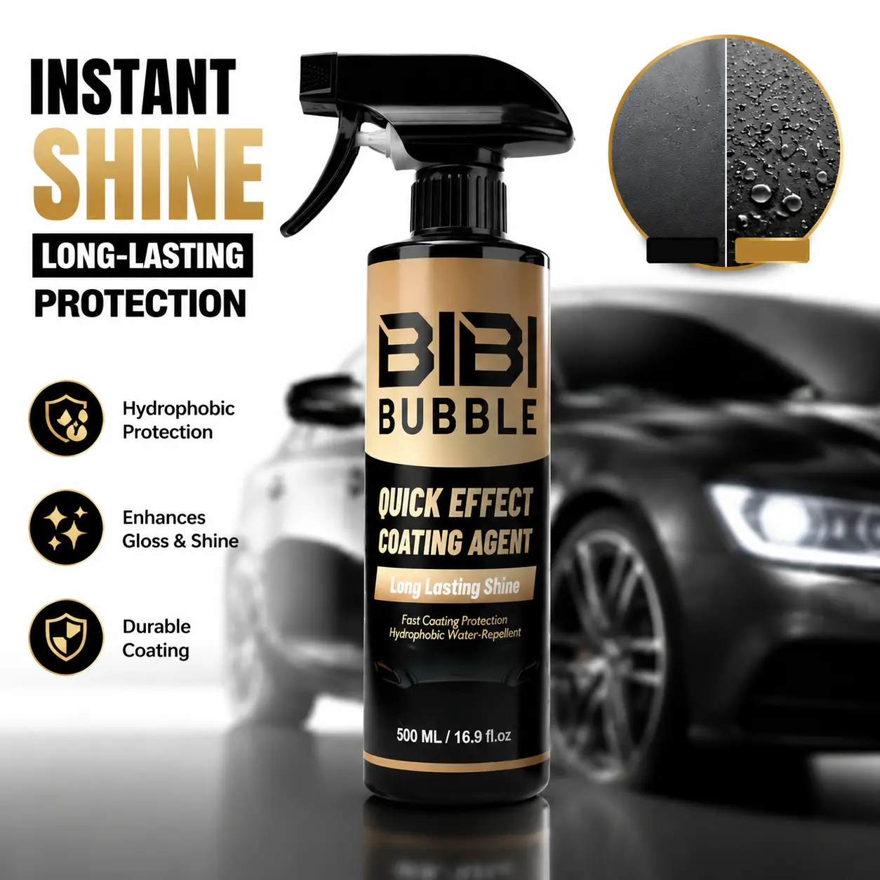 500ml Car Ceramic Coating Liquid - Instant Mirror Gloss, Quick Shine, Super Hydrophobic Water Repellent, Smooth Paint Protection, Paintwork Cleaner for Cars, Trucks Exterior Care