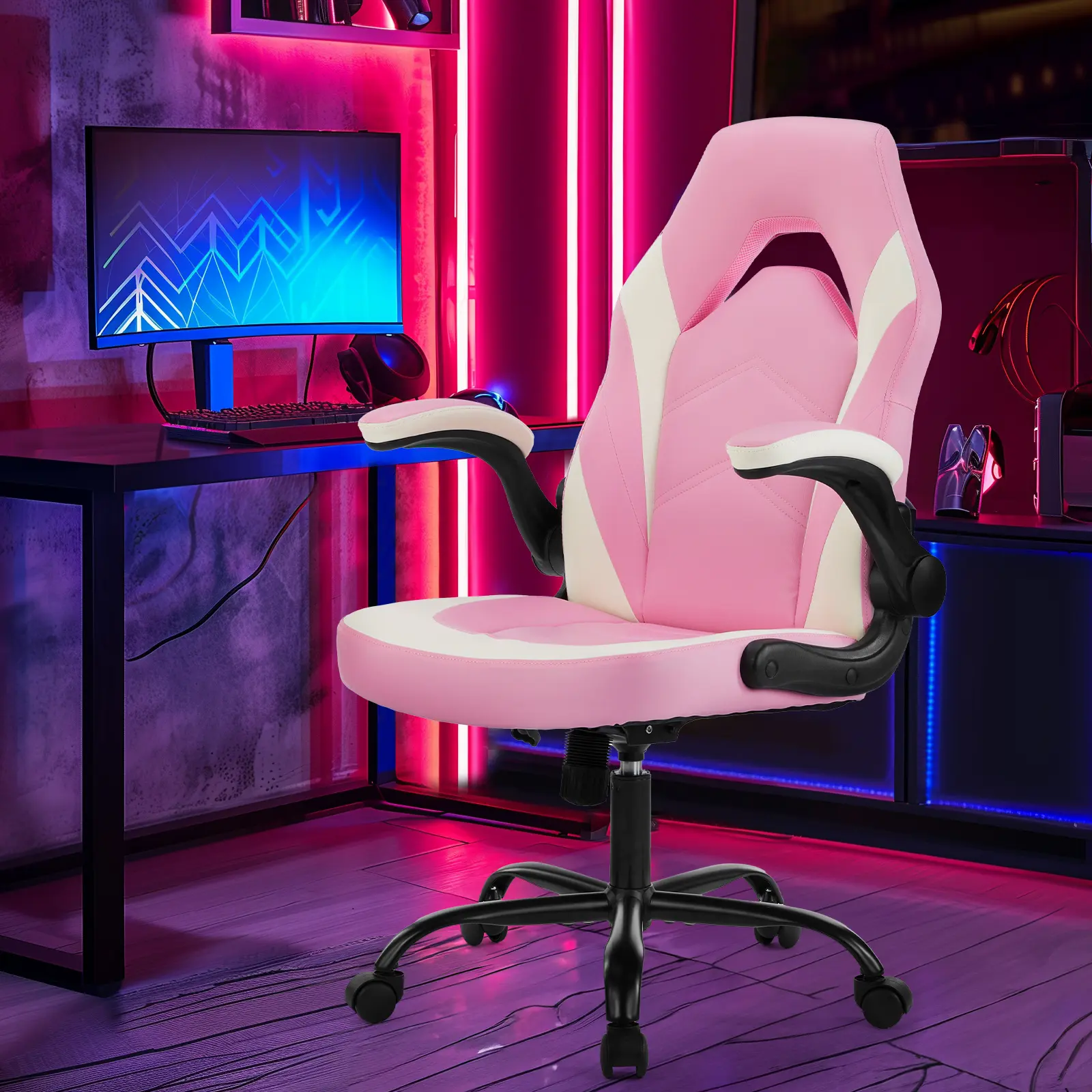 Gaming Chair, Office Chair High Back Computer Chair with PU Leather and Flip-up Armrest, Adjustable Swivel