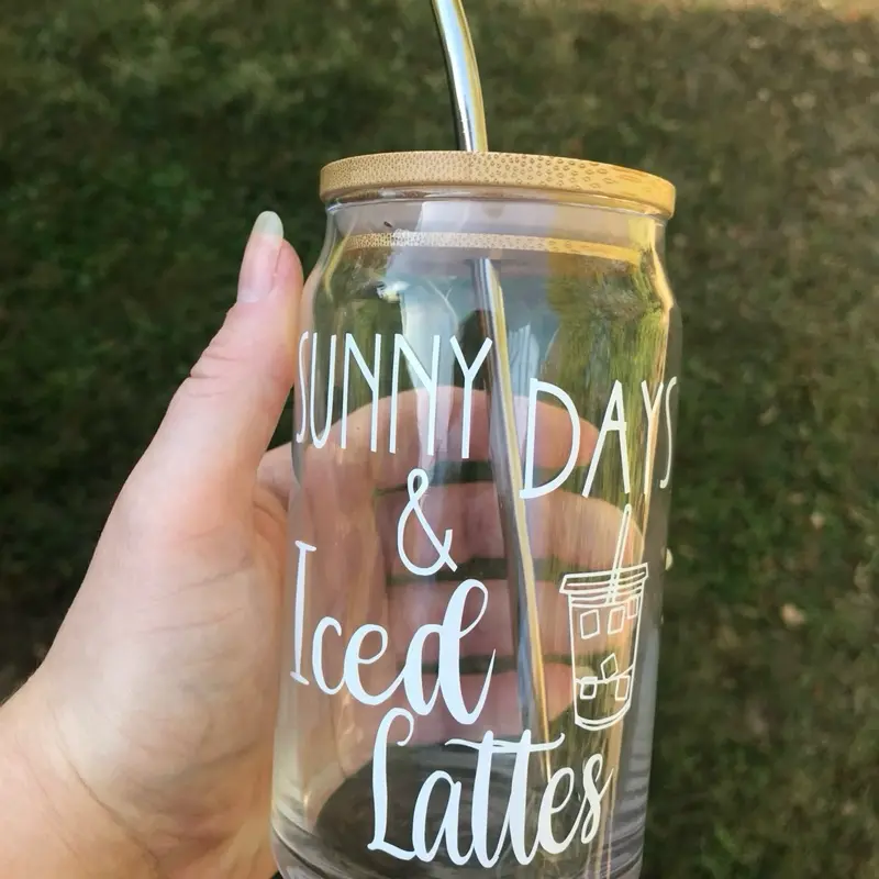 “Sunny Days & Iced Lattes” Custom 16oz Clear Glass Cup Includes a Glass Straw & Bamboo Lid   Drinkware glass cup Tumblers