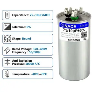 CINACE 75+10uF 75/10MFD CBB65 Dual Run Capacitor for Air Conditioner AC Motor Fan Condenser Heat Pump HVAC Ice Maker 370/450VAC 50/60Hz