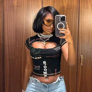 Hollow Out Print Crop Tee - Short Sleeve Cotton Top with Crew Neck, Casual Slim-Fitting Design, Machine Washable, USA - Shirts