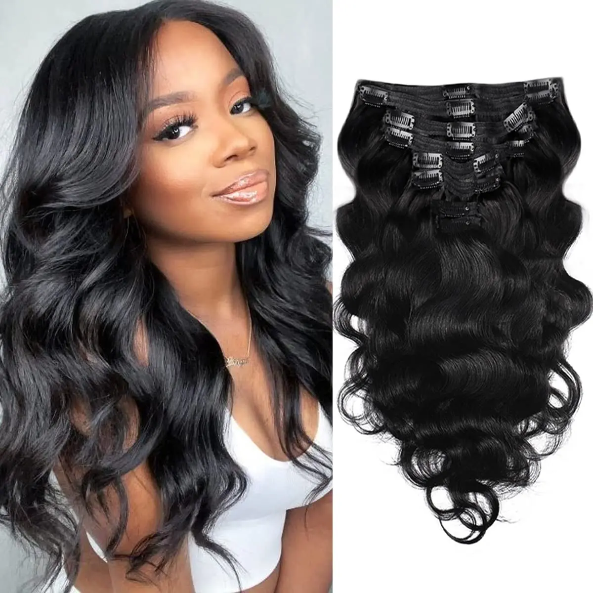 Body Wave Clip in Hair Extensions Real Human Hair 8Pcs 100g Body Wave Clip ins Brazilian Remy Human Hair Extensions for Women Per Set with 20 Clips Double Weft Natural Black/613/#4/P427