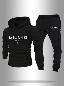 Men's Plush Lined MILANO Letter Print Kangaroo Pocket Hoodie & Drawstring Waist Sweatpants Two-Piece Set, Regular Fit Casual Comfy Thermal Warm Long Sleeve Drawstring Hooded Sweatshirt & Pocket Jogger Pants for Fall & Winter Clothes