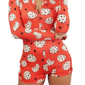Red cookies long sleeve onesie Cotton Comfort Cute Fabric Lightweight Pajamas Nightwear Womenswear Breathable prettygirlloungeset womenswear pajama lady homewear