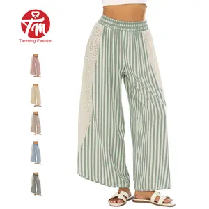 Tanming Women's Summer Striped Flare Palazzo Pants - Boho Bohemian High Smocked Waisted Wide Leg Bottoms with Crochet Detail, Lace Patchwork, Flowy High Rise Lounge Clothes for Women (Boho Outfits)