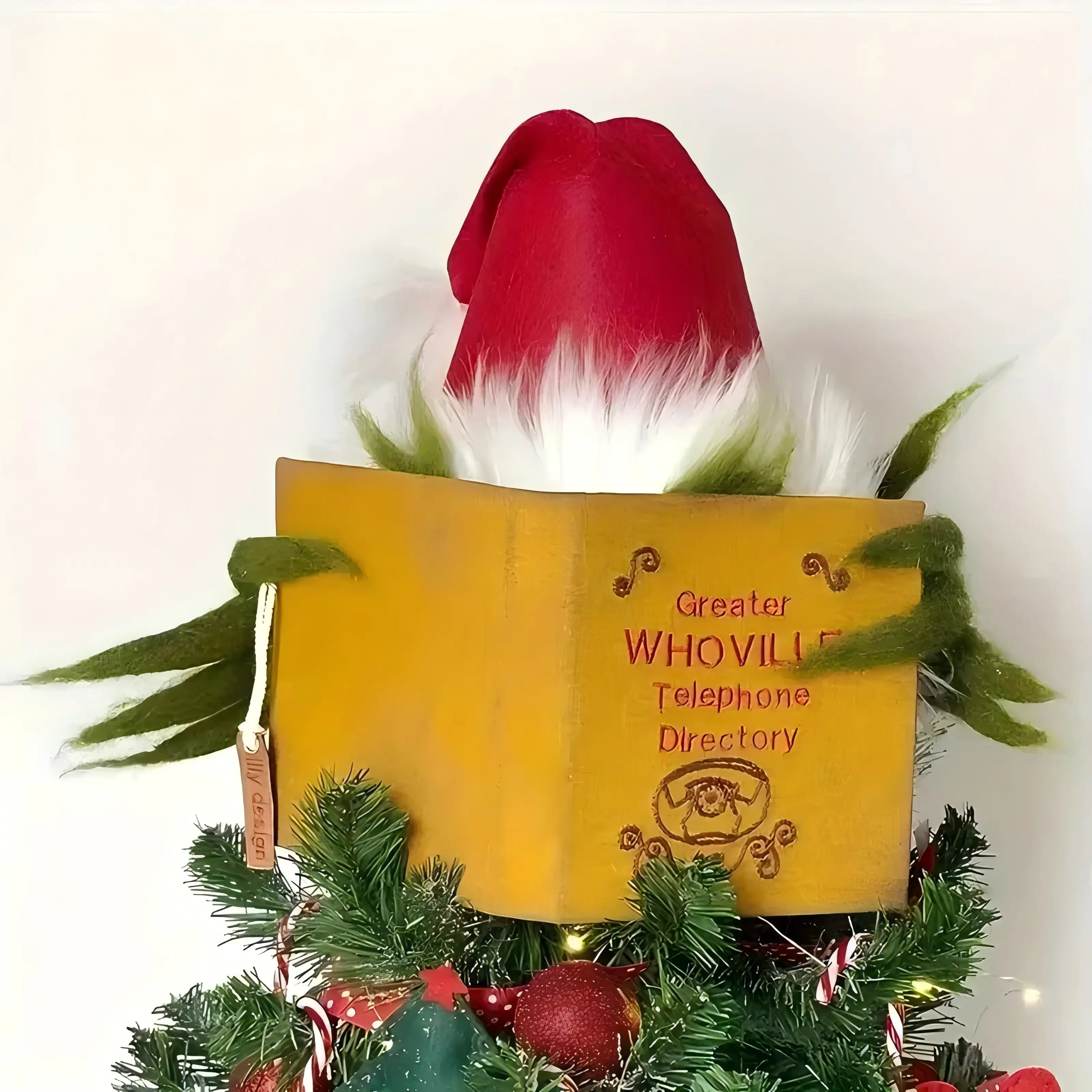Red & Golden Vintage Telephone Directory Fabric Knit Christmas Tree Topper - Lightweight Knitted Decor, Easy Hanging, No Electricity Needed, Festive Fluffy Design, Indoor Holiday Gift for Home New Year's Eve