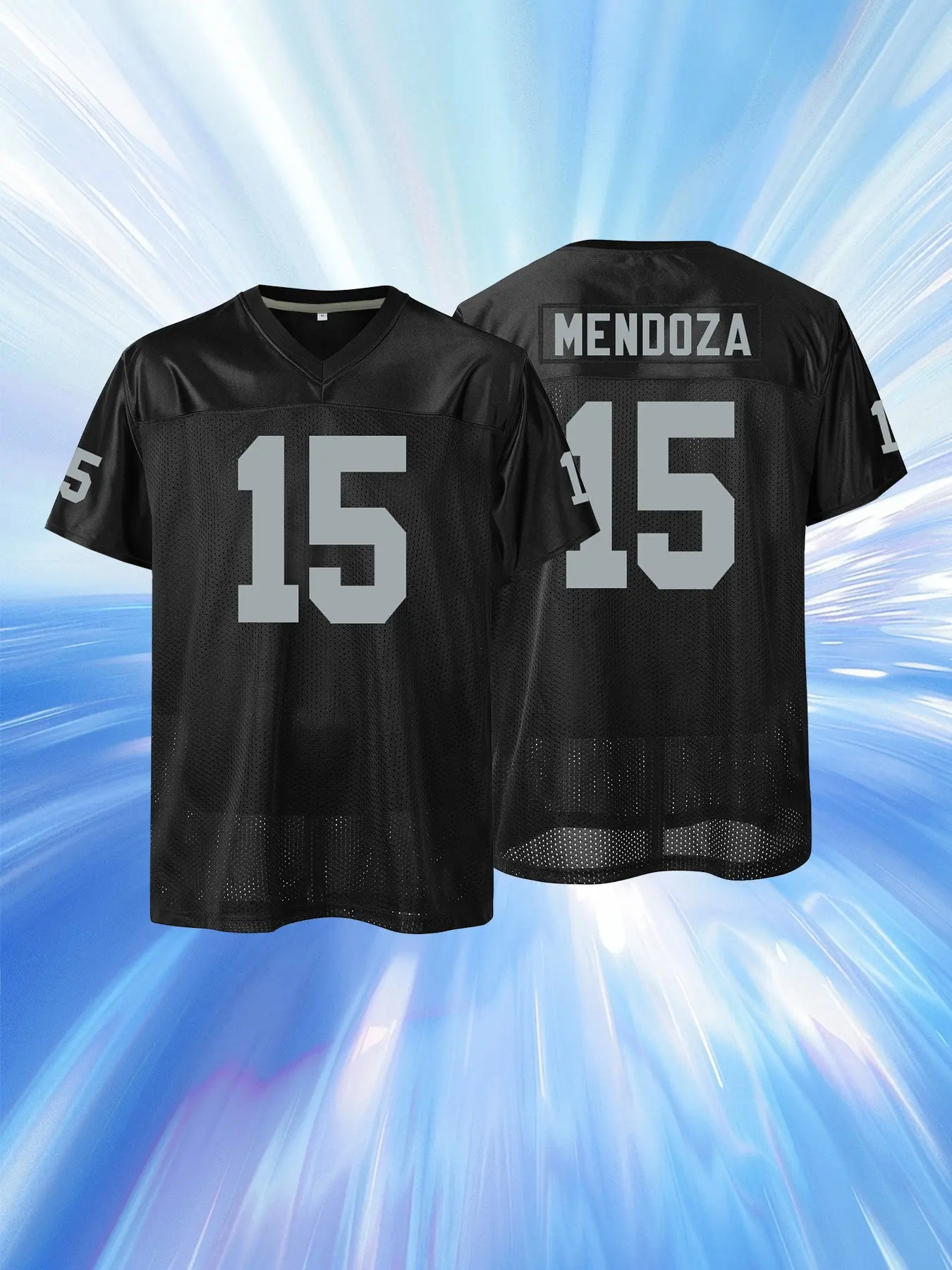 Men's #15 Mendoza Football Jersey, Black/White Grey Mesh Breathable V-Neck Stitched Casual Sports Jersey for Fans Short Football Jerseys Fan Sportswear Top Sports Clothing
