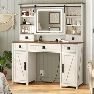 Farmhouse Makeup Vanity Desk with Lights & Charging Station,Vanity Desk with Mirror and Lights, 47.2” Large Brown Vanity Table with Ample Storage Space and Sliding Mirror (Antique White)