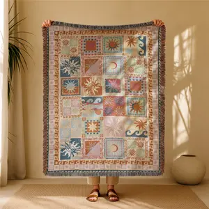 Spliced Geometry  Bohemian Yarn Jacquard Woven Blanket with Tassel, Cozy Throw Blanket, Thick Soft Washable Blanket, Used for Home Decor Sofa Chair Bed Tapestry Tablecloth Floor Garden Picnic Outdoor Camping