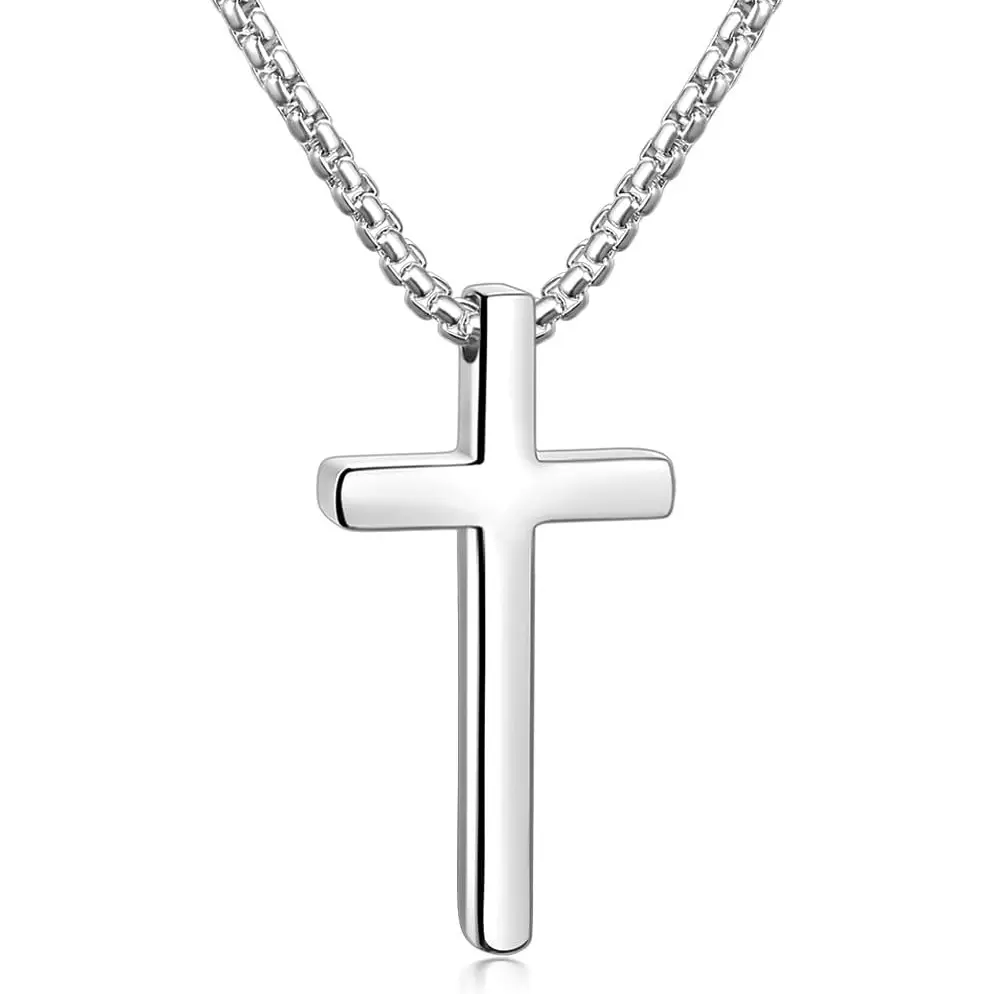 Fiusem Men's Stainless Steel Cross Necklace, 2.5mm Box Chain (16-24 in), Silver/Gold/Black Options, Fashion Jewelry Gift