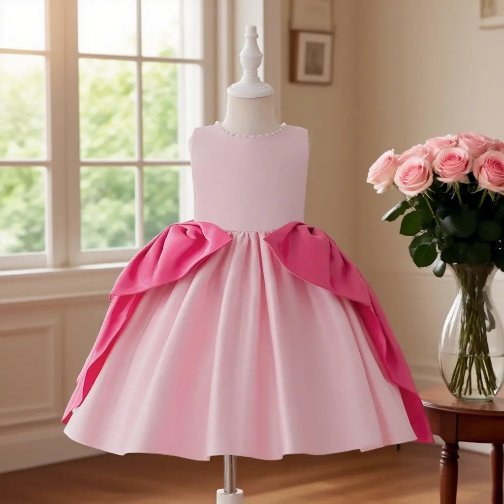 Girls' Bow-Design Princess Dress with Sleeveless Top, Suitable for Birthday Party, Piano Performance, Dance Events