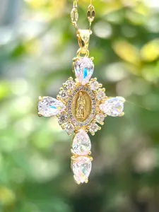 Virgen Mary Crystal Cross Necklace Clear / Pink Gemstone girlfriend gift jewelry
