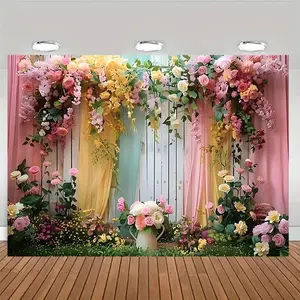 Floral Pattern Wedding Curtain Background Banner, 1 Count Colorful Flower Pattern Backdrop, Photo Booth Background, Home Decoration, Indoor and Outdoor Decoration, Ornaments, Wedding Arched Backdrop, Wedding Party Backdrop