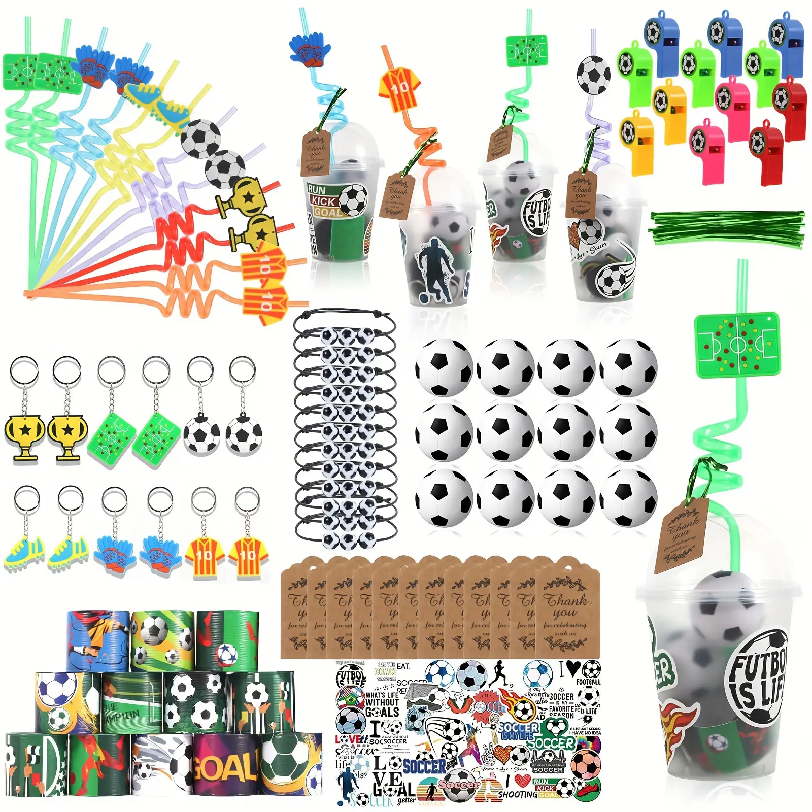 158-Piece Mini Size PP Plastic Football Theme Party Favors DIY Kit with Cup Straws, Stress Balls, Keychains, Stickers, Slap Bracelets, Whistles, Thank You Tags for Happy Birthday Decorations, Birthday Ideas, Whistle Play Fun