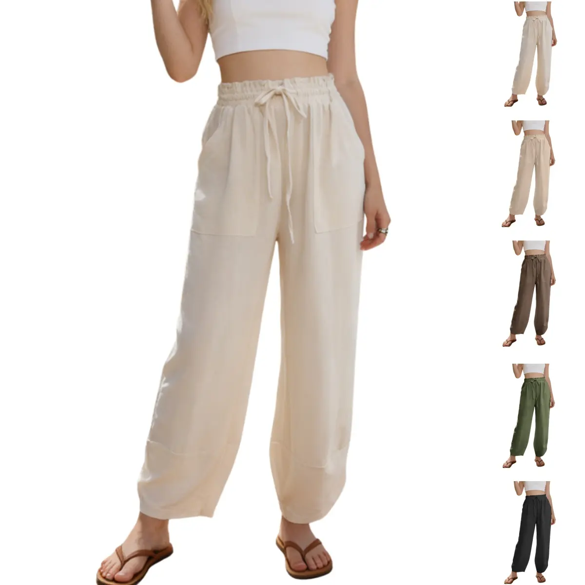 Tanming Capri Pants, Women's Comfy Bohemian Chic Wide Leg Linen Bottoms with Elastic Drawcord and Side Pockets, Linen Pants Women, Baggy Capri Pants