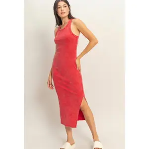 Red Acid Wash Ribbed Tank Dress