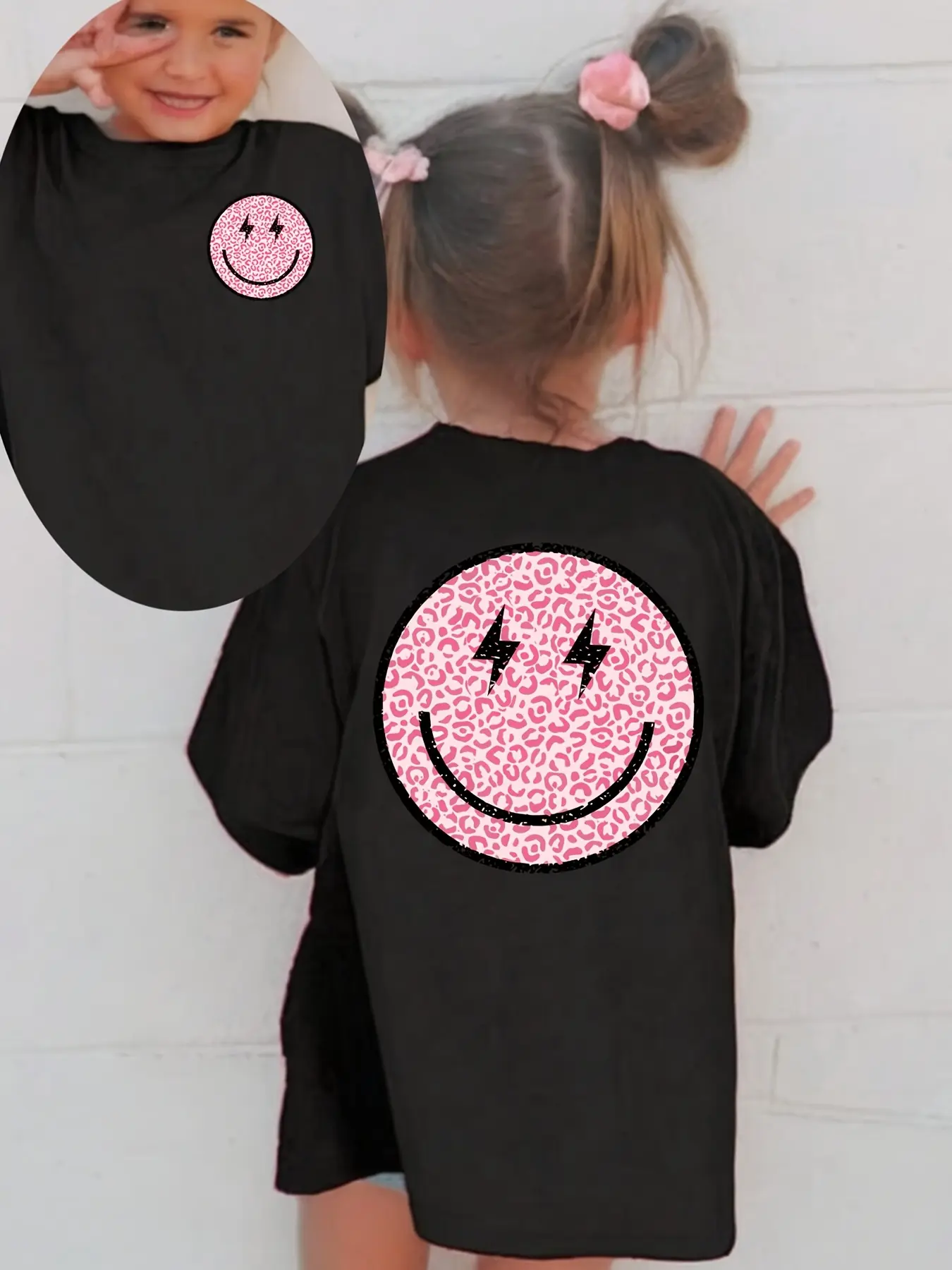 Toddler Girls Pink Leopard Print Smiley Face Graphic T-Shirt, Retro Lightning Bolt Short Sleeve Cotton Tee for Kids, Casual Streetwear Shirt for Little Girls