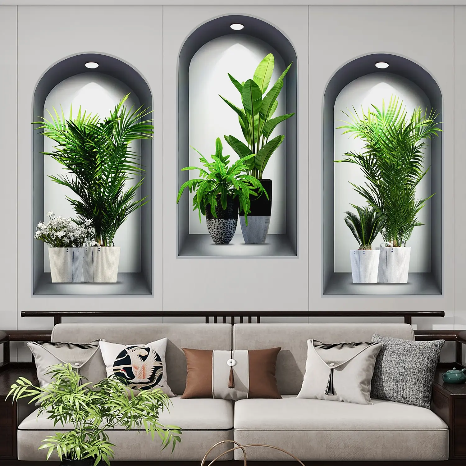 3-piece set, Nordic green plant themed arched window flower basin wall sticker, self-adhesive removable decorative sticker, suitable for wall decoration in living, dining & study rooms, Wall Art Stickers, Wall Decal, Decoration Items