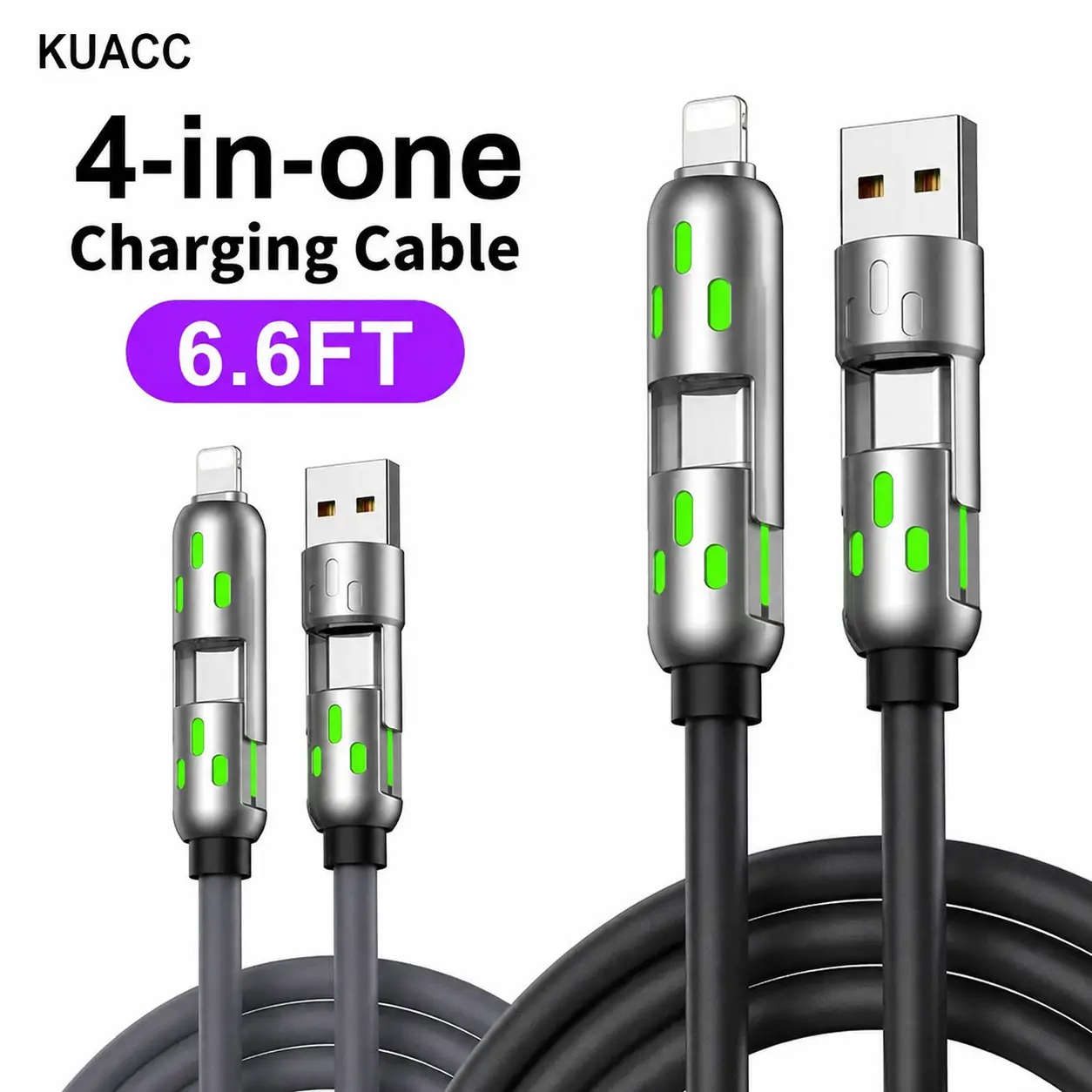 4-in-1 Universal Charging Cable, 6.6ft PD Fast Charge & Data Sync Cord with Durable Aluminum Head, USB-A/USB-C/Lightning Connectors, Compatible with iPhone Samsung Smartphones (Party Bag Gift Home Supply)