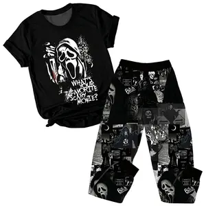 Ghostface Sleepwear Set Spooky Pajamas for Women Horror Slasher Outfit 80s Movie Costume Halloween Xmas Gift Short Sleeve Summer Cotton Blend