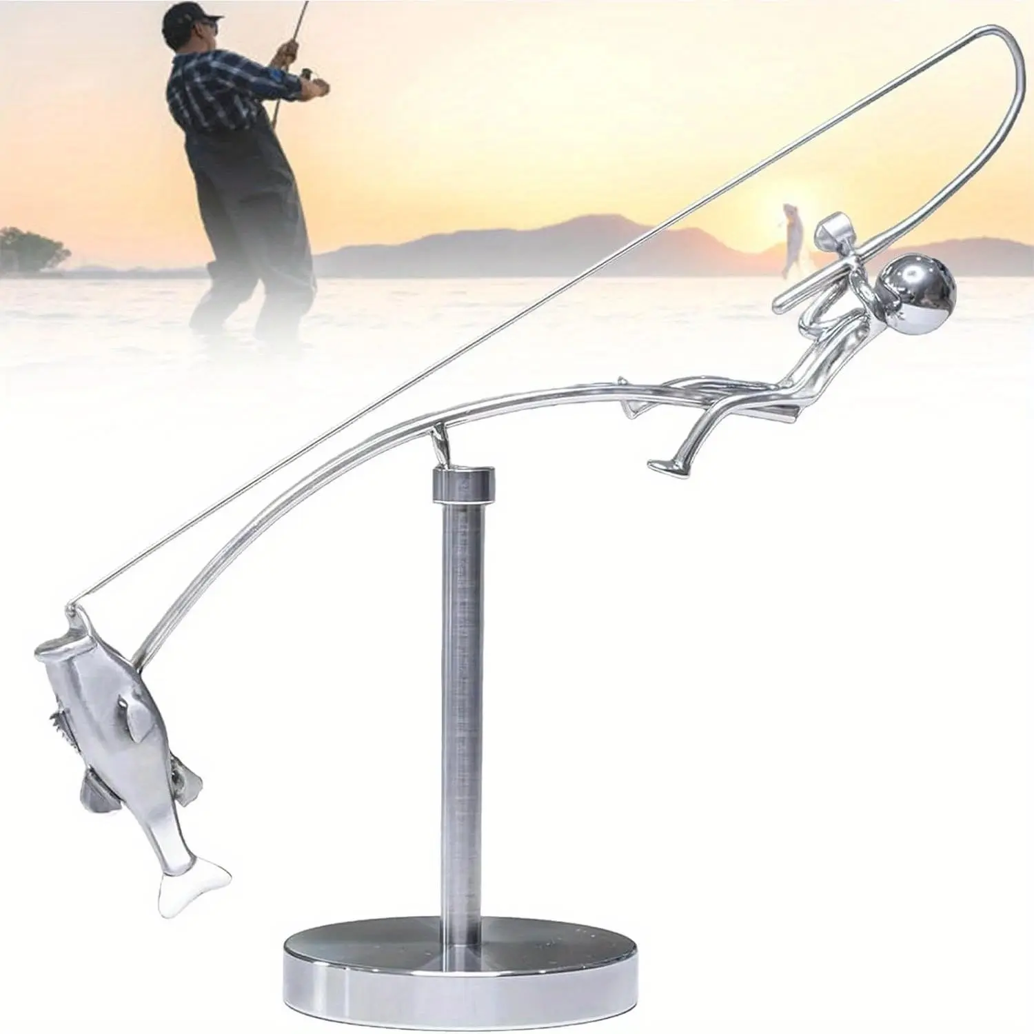Fisherman Balancing Sculpture, Kinetic Fishing Statue, Metal Fishing Rod Art, Home & Office Decor, Outdoor Dynamic Artwork, Articulating Figurines, Figurines