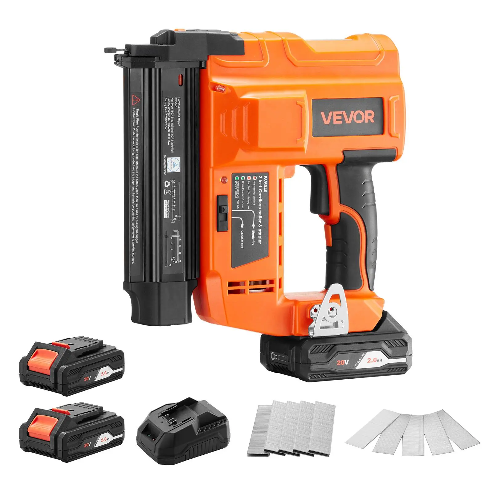 VEVOR 2-in-1 Cordless 18 Gauge Brad Nailer, 20V Power Lithium-Ion Nail & Staple Gun with Tool-Free Depth Adjustment, 2 Firing Modes, Quick Jam Release, 500 Nails, 0.6-1.6in Staples, 2x2.0Ah Batteries, Charger for Home Improvement, Trim Install, Woodworkin