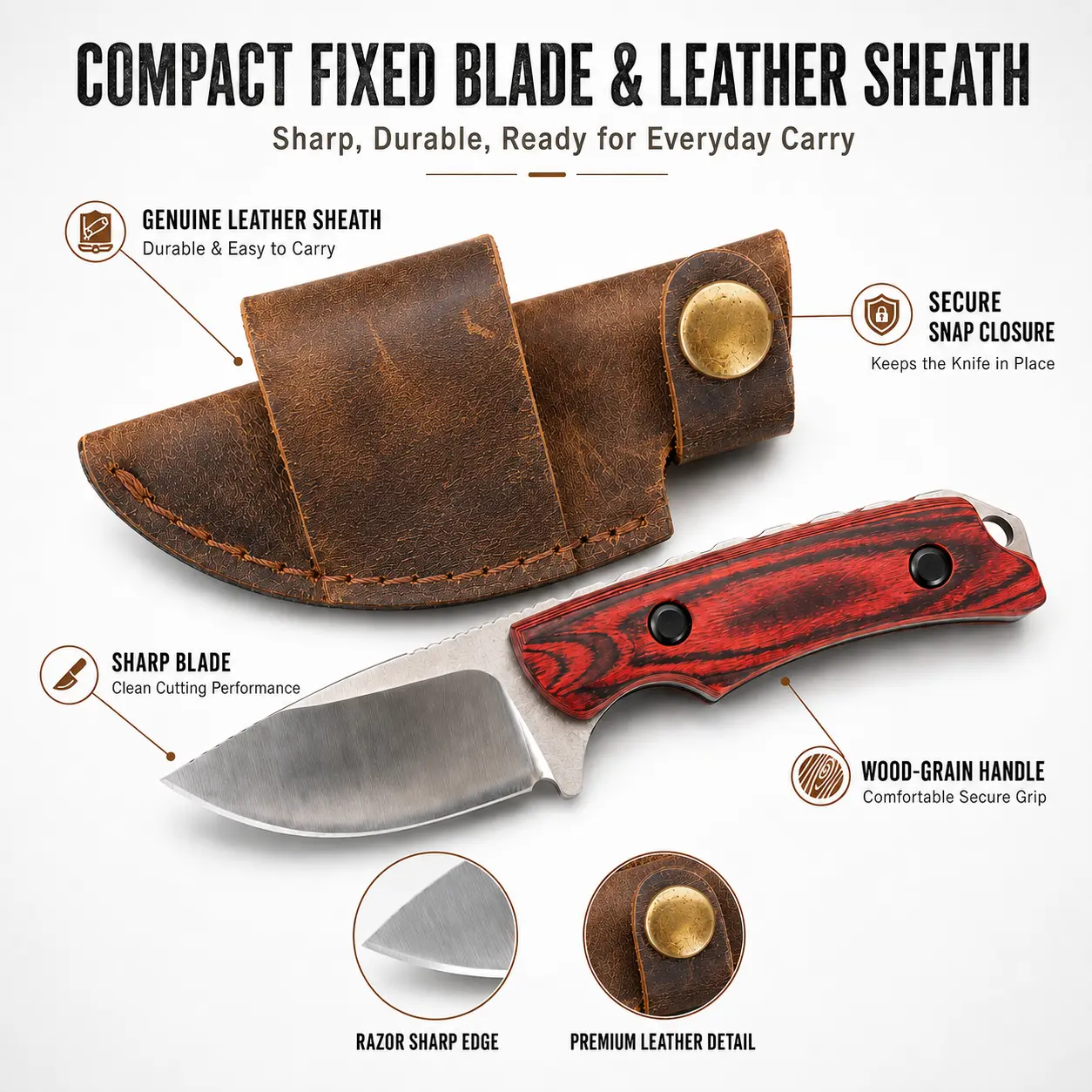 15017 Compact Fixed Blade Outdoor Knife with Leather Sheath, 8Cr13MoV Steel Blade, Wood-Grain Handle, Lightweight Utility Tool for Camping, Hiking, Everyday Carry and Gifts for Men