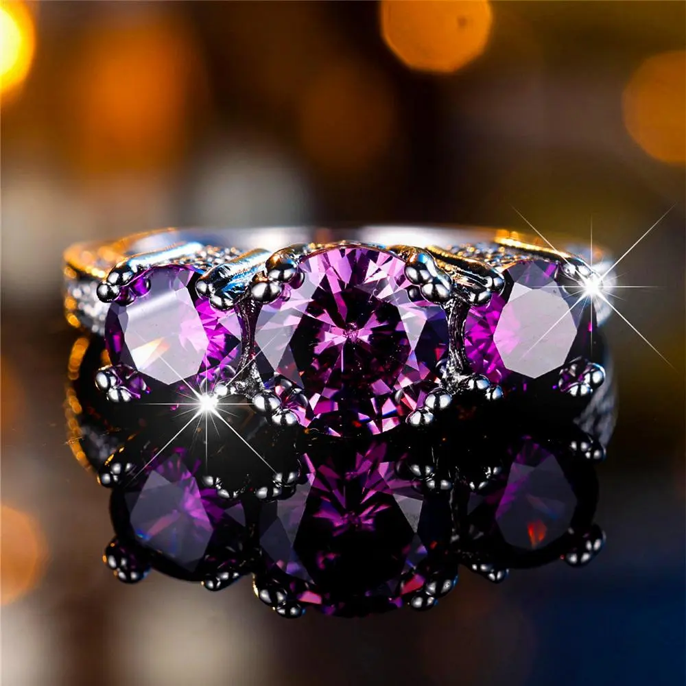 Female Purple Round Zircon Stone Finger Engagement Ring Vintage Silver Color Wedding Band Bridal Jewelry For Women