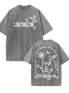 Jesus Transformed Into Beautiful Butterflies And Flowers, God Bless You. Classic Retro Fashion Casual Jesus Flower Butterfly Popular Letter Pattern Printed Boutique 230g Washed Cotton T-Shirt, Vintage Distressed Tshirt