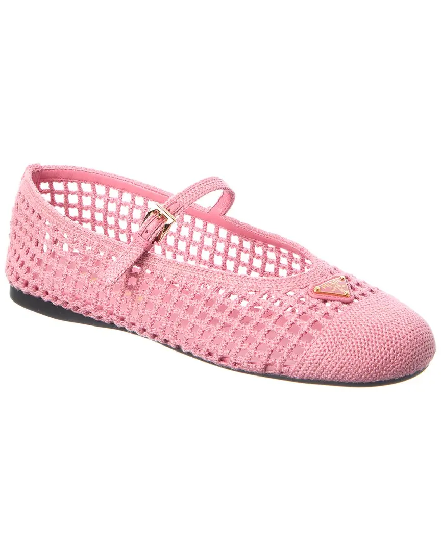 Prada Logo Cotton Crochet Ballerina Flat