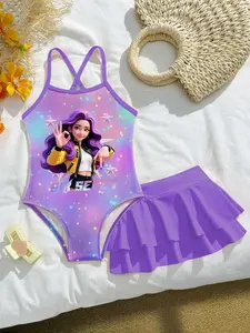 Shining Starry Sky Print Halter One-Piece Swimsuit + Cover Skirt Set, Boho Style, Slim-Fitting, All over Print, No Zipper, No Collar