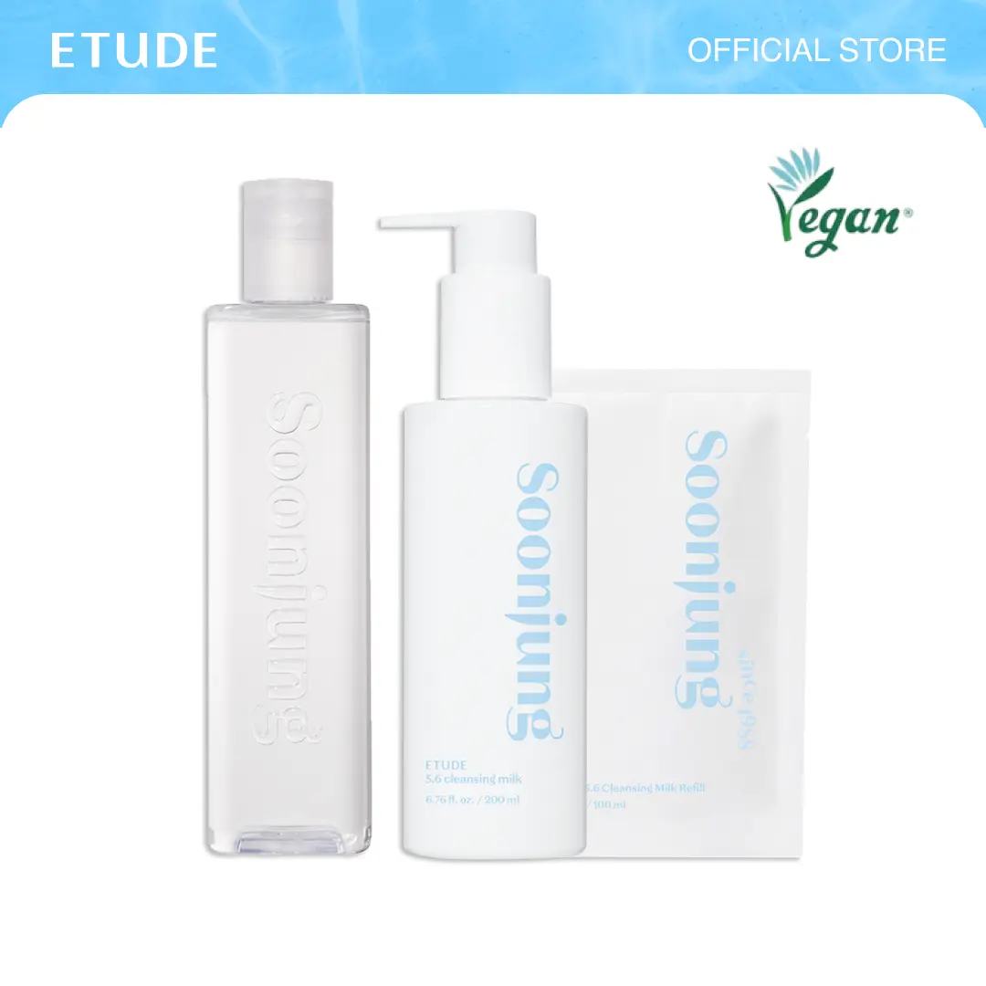 [ETUDE Official] Soonjung Cleansing Milk 10.1 fl oz (200ml + 100ml)+ pH5.5 Relief Toner 11.8 fl oz (350ml) Set | Gentle Hydration-Retaining Cleanse | Soothing Barrier Support | Makeup Removal
