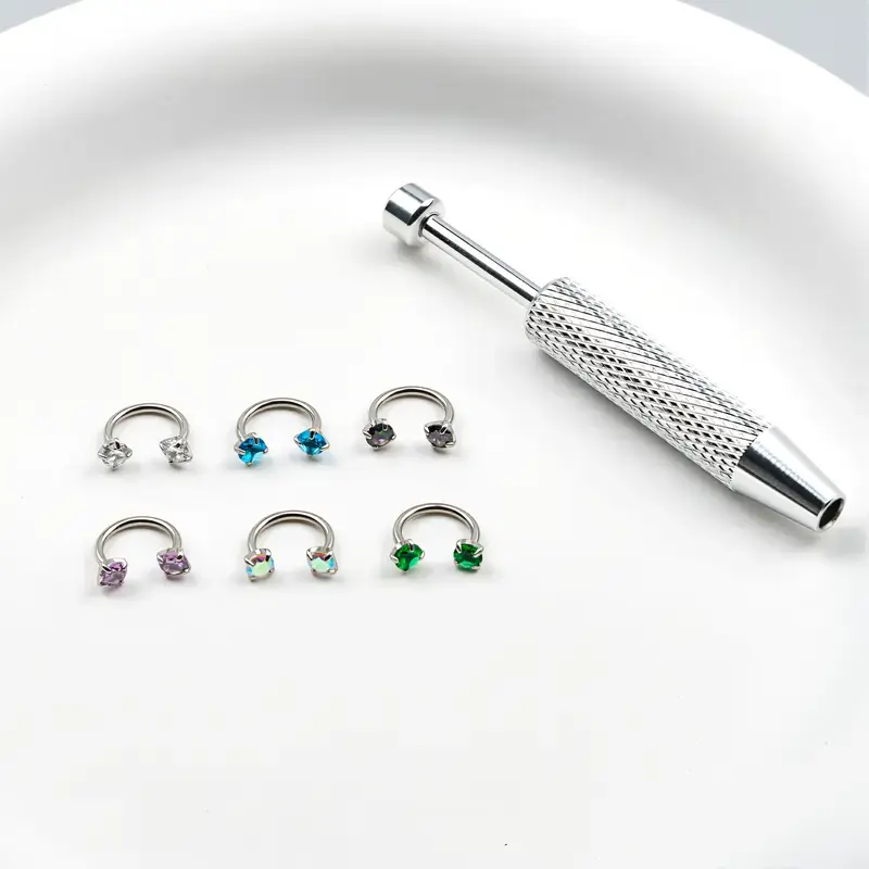 6pcs Value Pack 316L titanium steel 18G 1.0mm Horseshoe Nose Hoop Internally Threaded Gems Nose Ring value pack Nose Piercing Jewelry with Free Ball Holder & Guiding tube