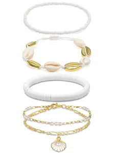 4 Pcs Anklet Set Jewelry Bohemian & Beachy Multi-Design (Shell, Pearl, Elastic Rope) Adjustable For Women Girls Beach Vacation Daily Wear Gift