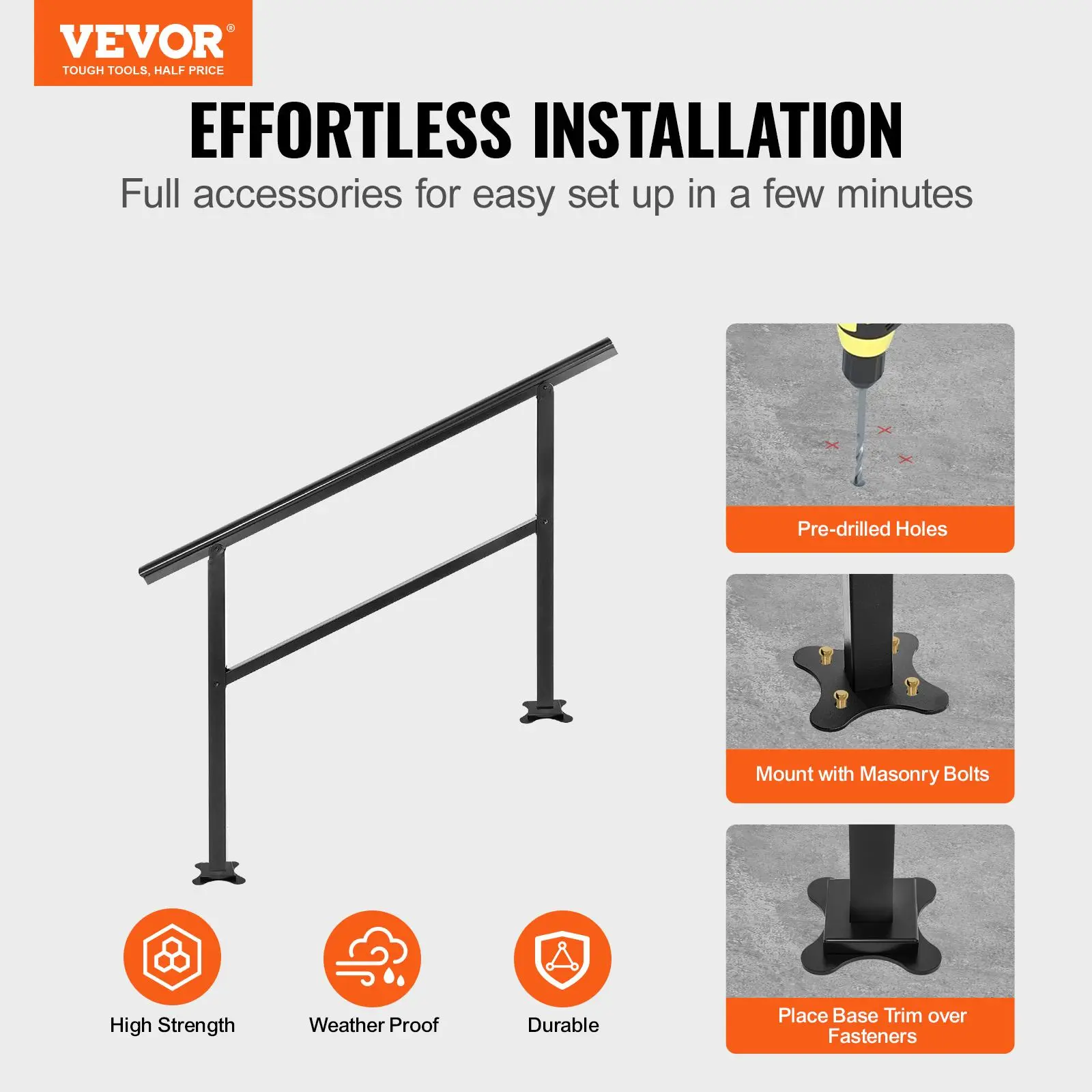 【Summerfinds】VEVOR Handrail Outdoor Stairs 47.6 X 35.2 Inch Outdoor Handrail Outdoor Stair Railing Adjustable from 0 to 30 Degrees Handrail for Stairs Outdoor Aluminum Black Stair Railing Fit 3-4 Steps