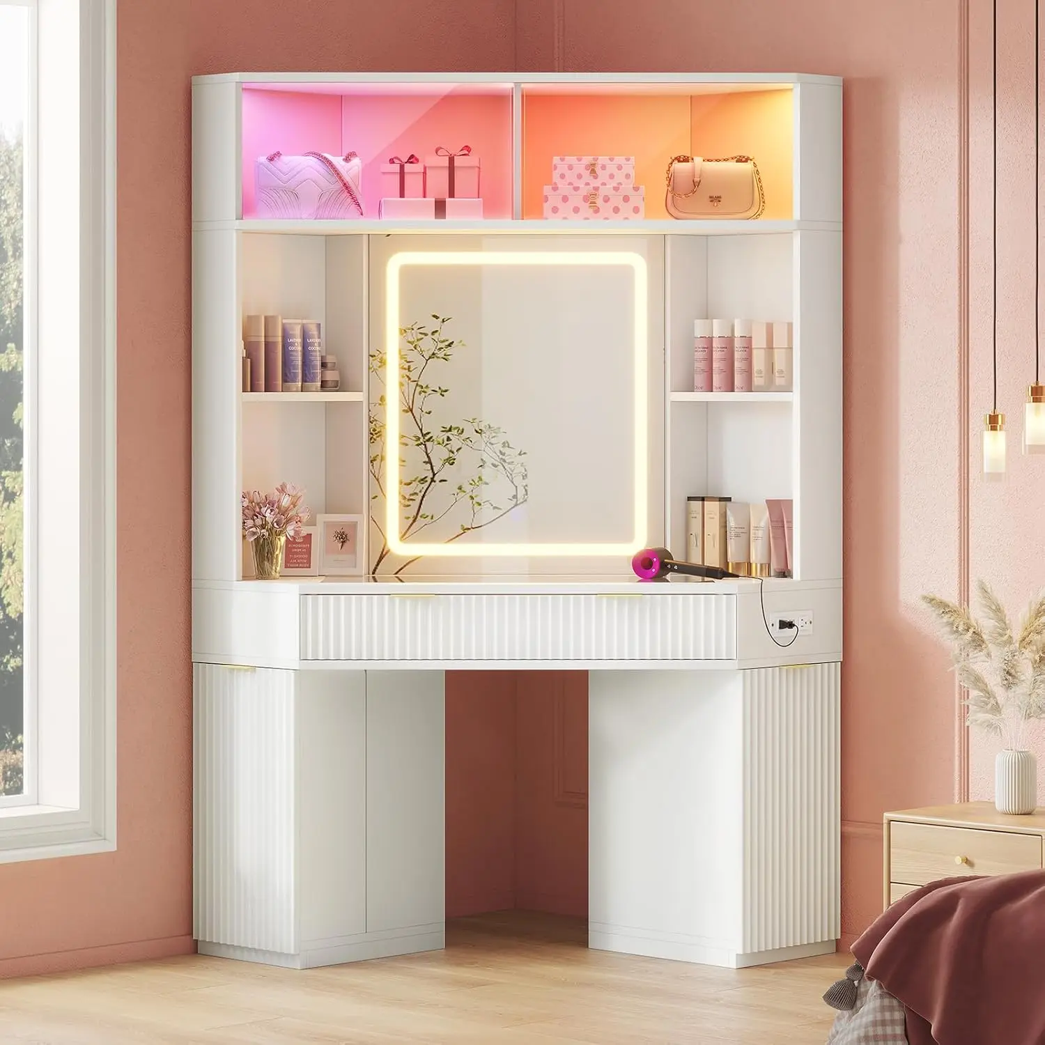 HAUOMS Large Corner Vanity, LED Lights, Fluted Wood Luxury Makeup Vanity Desk with Mirror, Big Dressing Table with Glass Top, Cabinets, Shelves, Drawers, Charging Station,White