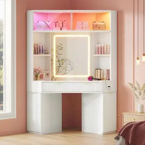 HAUOMS Large Corner Vanity, LED Lights, Fluted Wood Luxury Makeup Vanity Desk with Mirror, Big Dressing Table with Glass Top, Cabinets, Shelves, Drawers, Charging Station,White