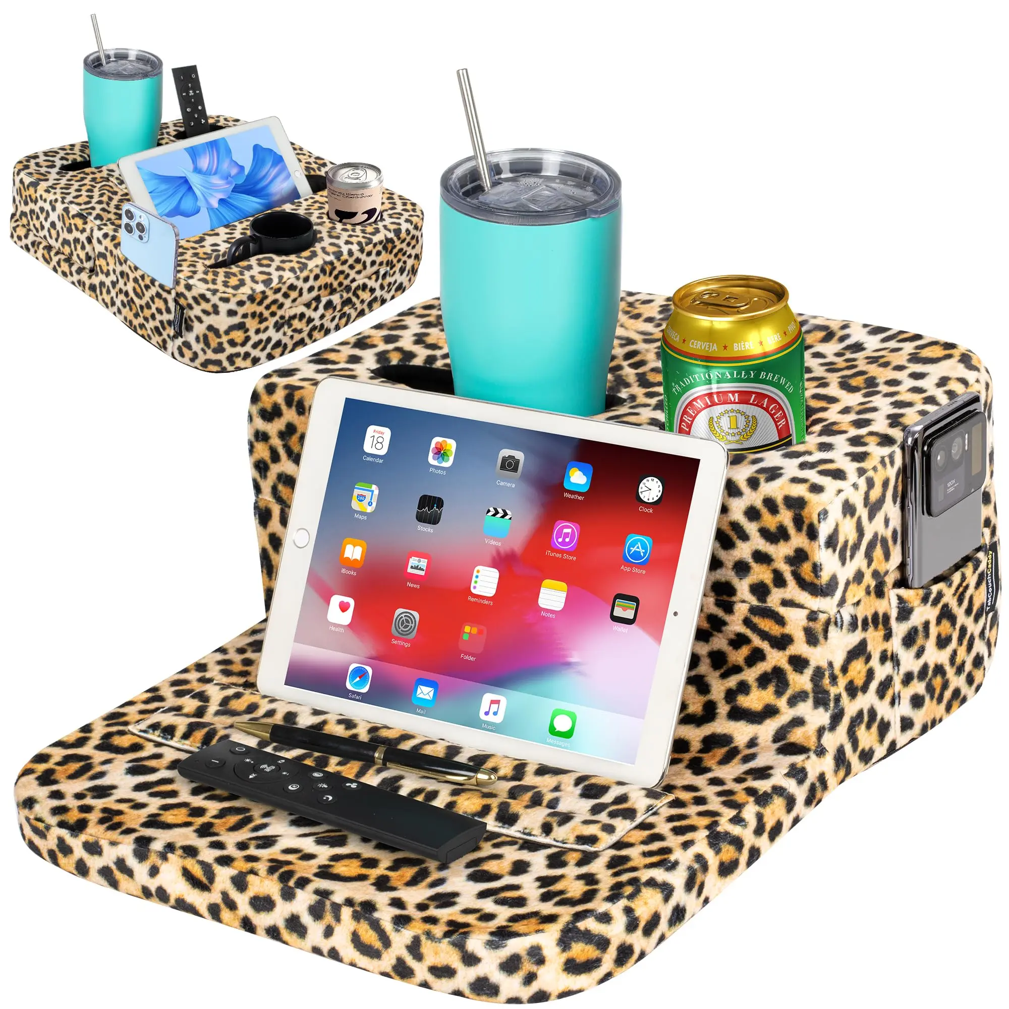 Couch & Bed Cup Holder Caddy – Sofa Tray for Drinks, Snacks & Remotes | Fits bed, couch & RV | Holds drinks, snacks, remotes, phones & tablet | Sturdy on flat surfaces | 10-sec setup, no tools