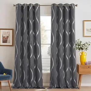 NICETOWN Grey Blackout Floral Pattern Curtains for Living Room 84 inch Long 2 Panels Set, Noise Reducing Thermal Insulated Wave Line Foil Print Bedroom Drapes for Patio Sliding Glass Door (52 x 84)