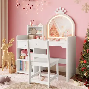 LED Lighted Mirror Kids Vanity Table & Chair Set - Princess Wooden Makeup Desk with Drawer, Bookshelf, Open Storage Shelves, Child-Safe Rounded Edges, Purple
