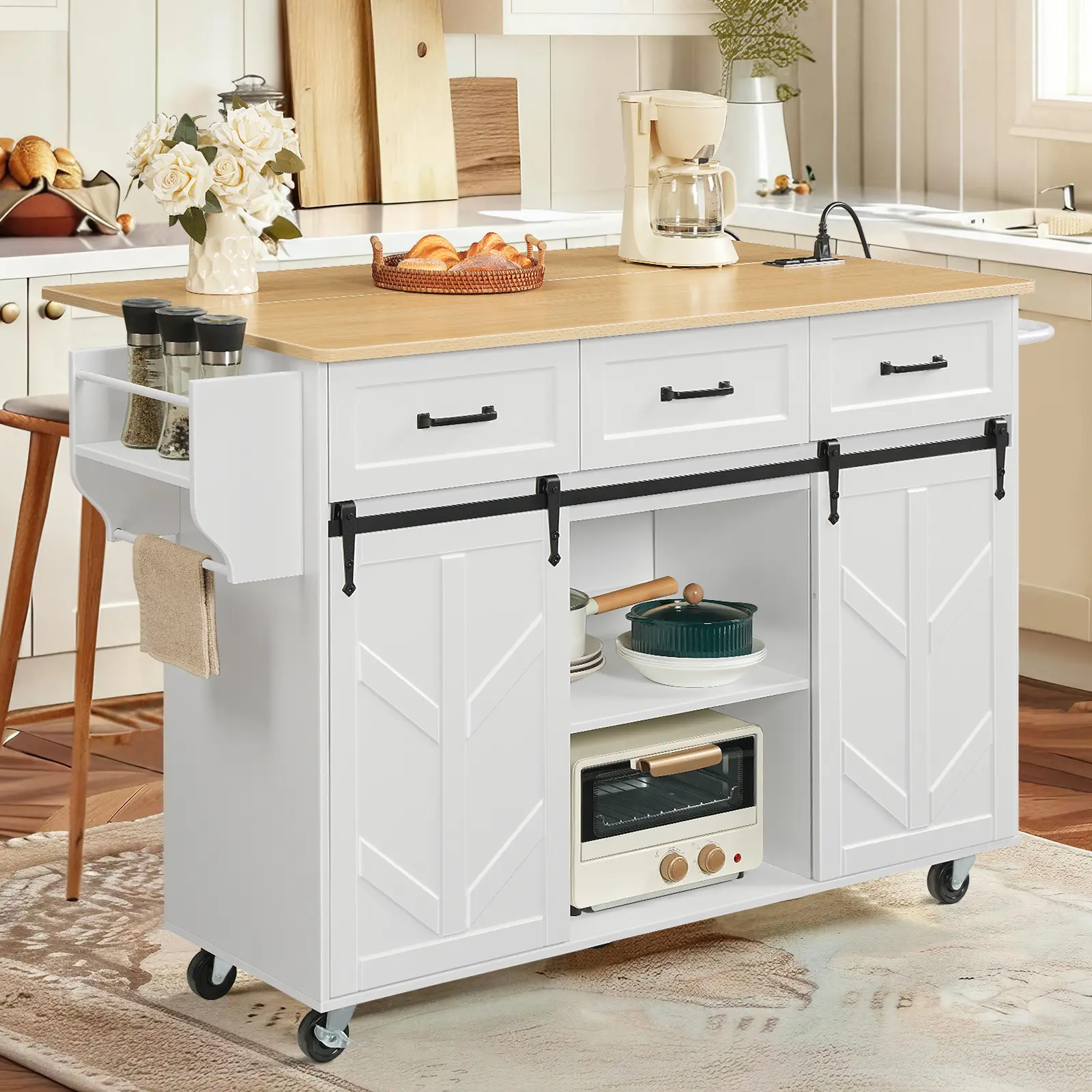 HOOBRO Kitchen Island with Power Outlet & Drop Leaf, Rolling Kitchen Island on Wheels, Island Table with Sliding Barn Doors, 3 Drawers, Large Countertop, for Kitchen, White and Natural #SummerVibes