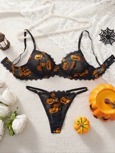 Halloween Sexy Pumpkin Pattern Lingerie Set for Women, Knit Fit, Comfortable & Stylish Design, Perfect Gift Idea, Underwire Bra, All Seasons Wear