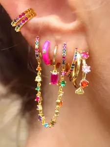 6 Pcs Luxury 24K Gold Plated Cubic Zirconia Multicolor Cuffs Earrings Set For Women Colorful Zircon Chain Hoop Earrings Pack Hypoallergenic Drop Dangle Earrings Stack Fashion Jewelry Gift