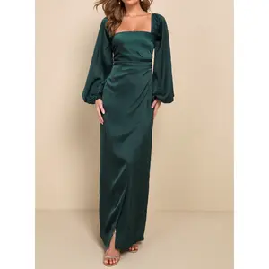 Lulus Eternal Heart Emerald Green Satin Long Sleeve Maxi Dress